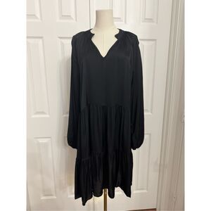 Bognar Blu Silky Long Sleeve Flowy Black Rayon Split Neck Tiered Dress L